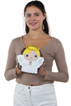 Sleepyville Critters - Angel with Halo Crossbody Bag in Vinyl Material, front view, handheld by model
