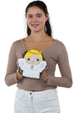 Sleepyville Critters - Angel with Halo Crossbody Bag in Vinyl Material, front view, handheld by model