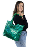 Metallic Mermaid Scales Tote Bag in Polyester Material, green color, shoulder bag style on model