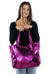 Metallic Mermaid Scales Tote Bag in Polyester Material, pink color, front view, handheld by model