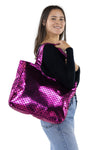 Metallic Mermaid Scales Tote Bag in Polyester Material, pink color, shoulder bag style on model