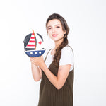 Sailboat American Flag Theme Cross Body Bag in Vinyl Material, on model front view