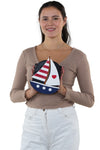 Sailboat American Flag Theme Cross Body Bag in Vinyl Material, front view, handheld by model