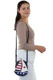 Sailboat American Flag Theme Cross Body Bag in Vinyl Material, shoulder bag style on model
