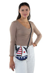 Sailboat American Flag Theme Cross Body Bag in Vinyl Material, crossbody style on model