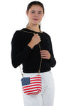 American Flag Crossbody Bag in Canvas with Chain Strap in Canvas Material, shoulder bag style on model