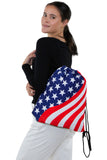 Americana Drawstring Slingbag in Polyester, backpack style on model
