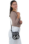 Route 66 Cross Body Bag in Vinyl Material, shoulder bag style on model