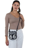 Route 66 Cross Body Bag in Vinyl Material, crossbody style on model