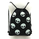 Glow in the Dark Alien Drawstring Backpack in Canvas Material, on mannequin front view