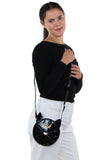 Mystical Black Cat Face Crossbody Bag in Vinyl, shoulder bag style on model