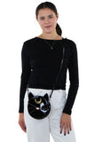 Mystical Black Cat Face Crossbody Bag in Vinyl, crossbody style on model