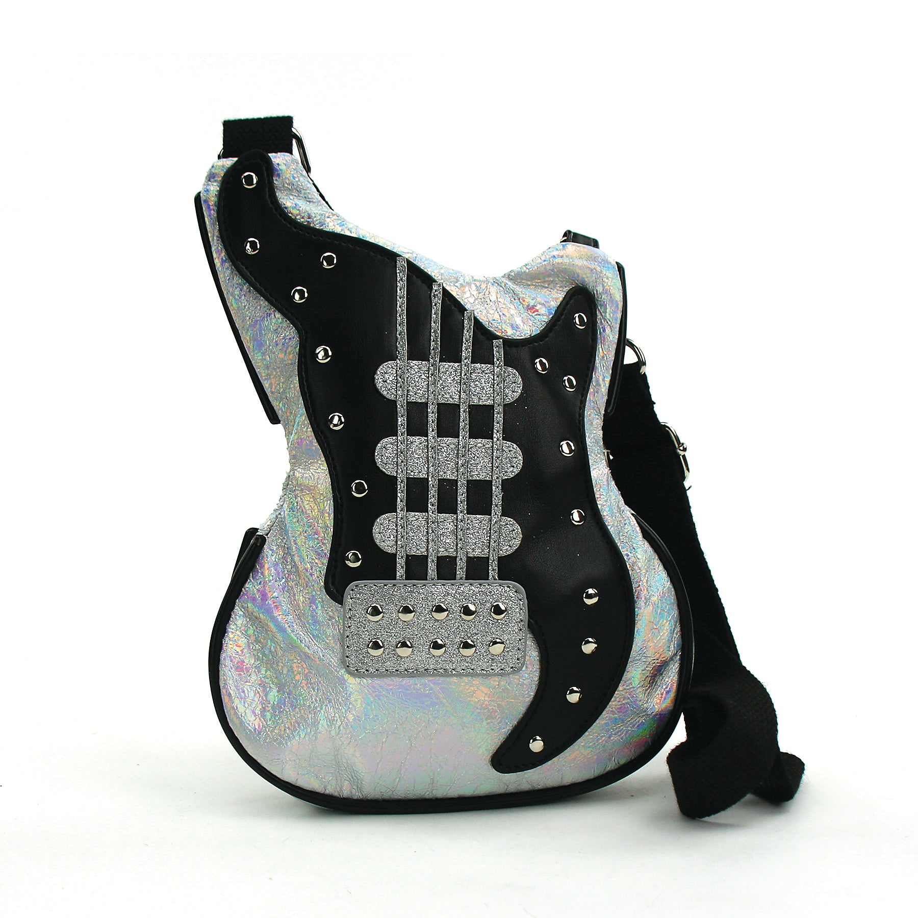 Guitar Crossbody Bag in Vinyl, silver color, front view