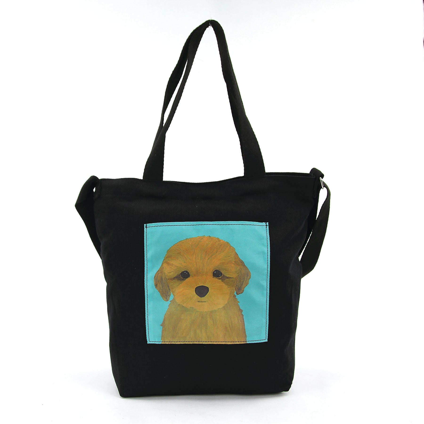 Cute Puppy in the Pocket Tote Bag in Canvas Material front view