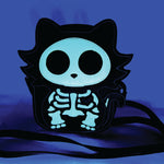 Glow in the Dark Sugar Skull Cat Crossbody Bag in Vinyl, glow in the dark, front view