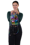 Metallic Rainbow Convertible Mini Backpack in Vinyl, front view handheld by model
