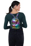 Metallic Rainbow Convertible Mini Backpack in Vinyl, backpack style on model