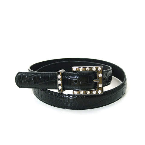 1" Women's Rhinestone Embellished Gun Metal Square Buckle on Quality Croc Leatherette Belt front view