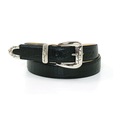 1 1/8" Women's Classic Silver Polished and Sleek Buckle on Quality Croc Leatherette Belt Strap front view