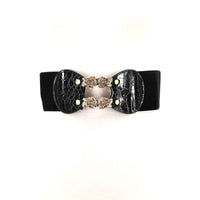 Elastic Belt With Rose Metal Closure in black; front view