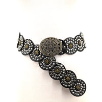 Round Disc Metallic Vinyl Belt in black; front view