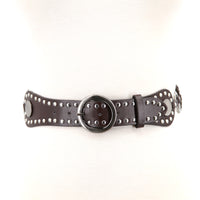 Vinyl Chain Belt with Metal Rings and Studs in Brown; front view