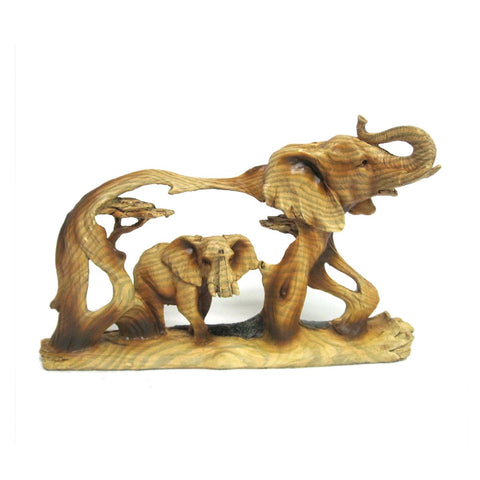 Elephant and Baby Walking in The Wild Faux Wood Figurine