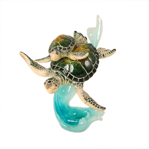 Swimming Mother and Baby Sea Turtles on Blue Waves Figurine; front view