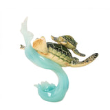 Swimming Mother and Baby Sea Turtles on Blue Waves Figurine; side and backview