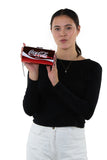 Officially Licensed Super Size Coca-Cola Handbag, front view, handheld by model