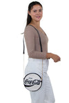 Officially Licensed Coca-Cola Round Disk Chenille Bag, white side, shoulder bag style on model