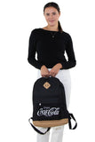 Officially Licensed Coca-Cola Script Rucksack, front view, handheld by model