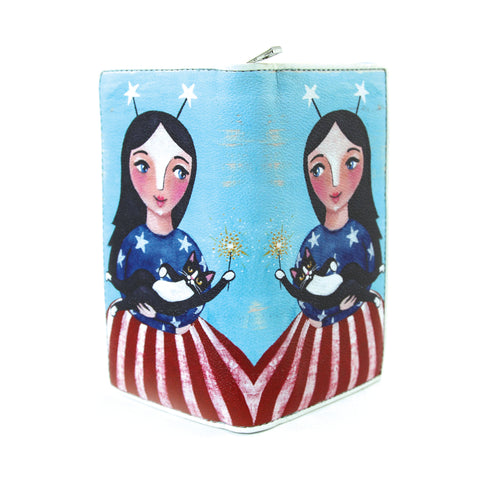 Celebrating America Unibrow Girl and Black Cat Wallet in Vinyl Material open front view