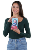 Celebrating America Unibrow Girl and Black Cat Wallet in Vinyl Material, handheld by model
