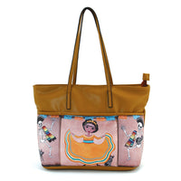 Three Pockets Unibrow Girl and Mariachi Skeleton Tote Bag in Vinyl Material front view